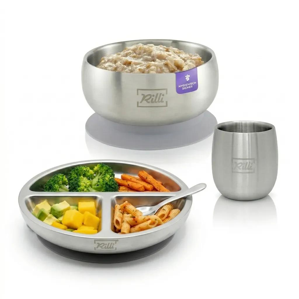 BLW Starter Set klein grau - geteilter Teller, Schüssel, Becher