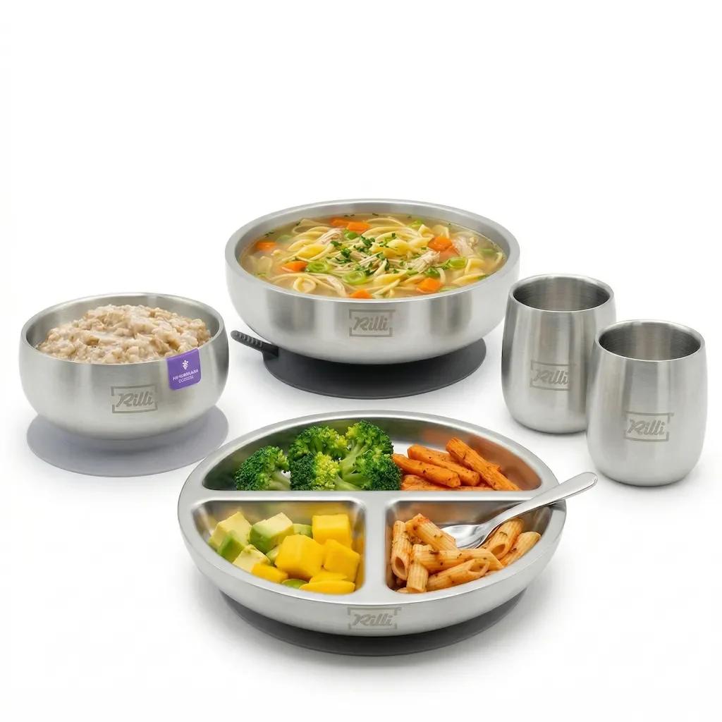 BLW Starter Set groß grau - geteilter Teller, tiefer Teller, Schüssel, 2x Becher