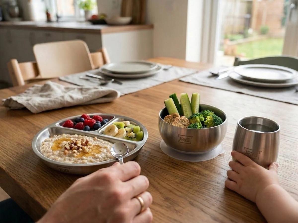 Edelstahl Babygeschirr von Rilli auf einem Familientisch