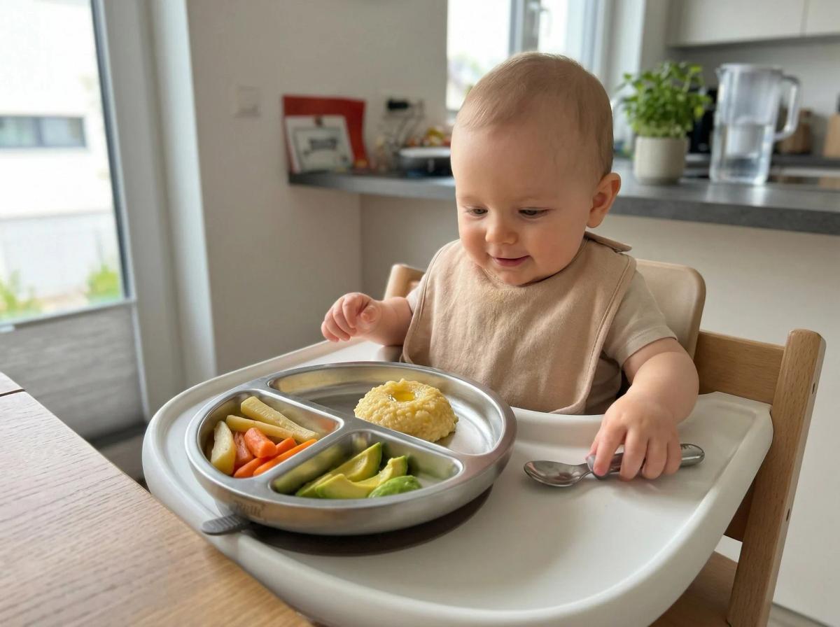 Beikost Teller aus Edelstahl mit gesundem Essen