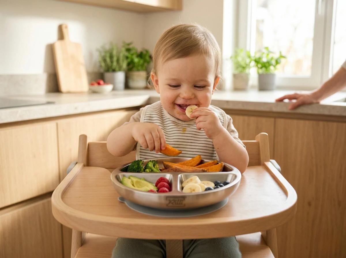 BLW Szene mit Edelstahl Teller und gesundem Fingerfood