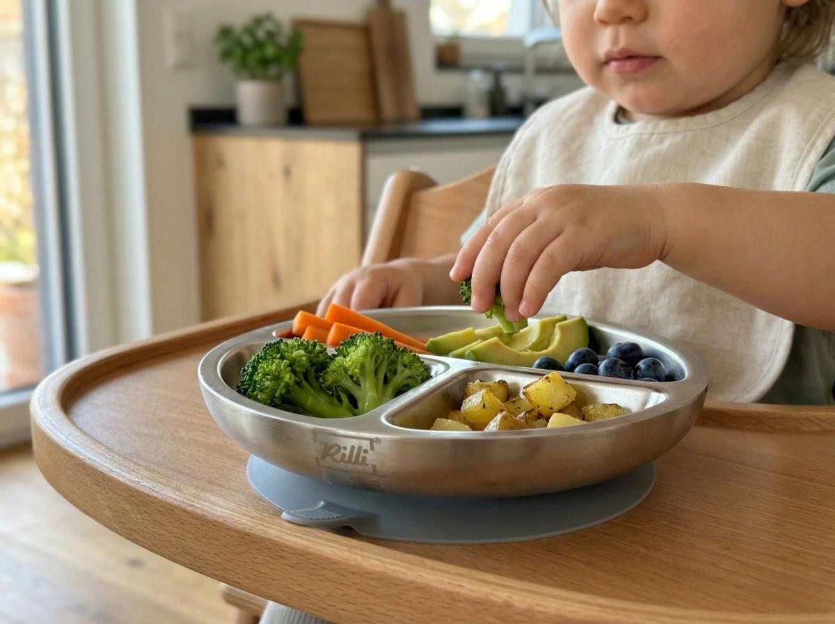 Baby im Hochstuhl mit Edelstahl Teller im Alltag